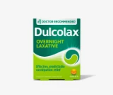 Dulcolax Overnight Laxative tablets packaging with effective constipation relief claim.
