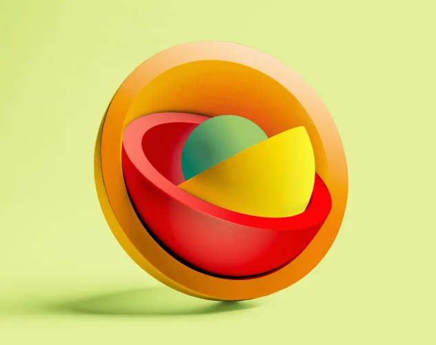 Abstract 3D shapes in vibrant red, yellow, and green on a light green background.