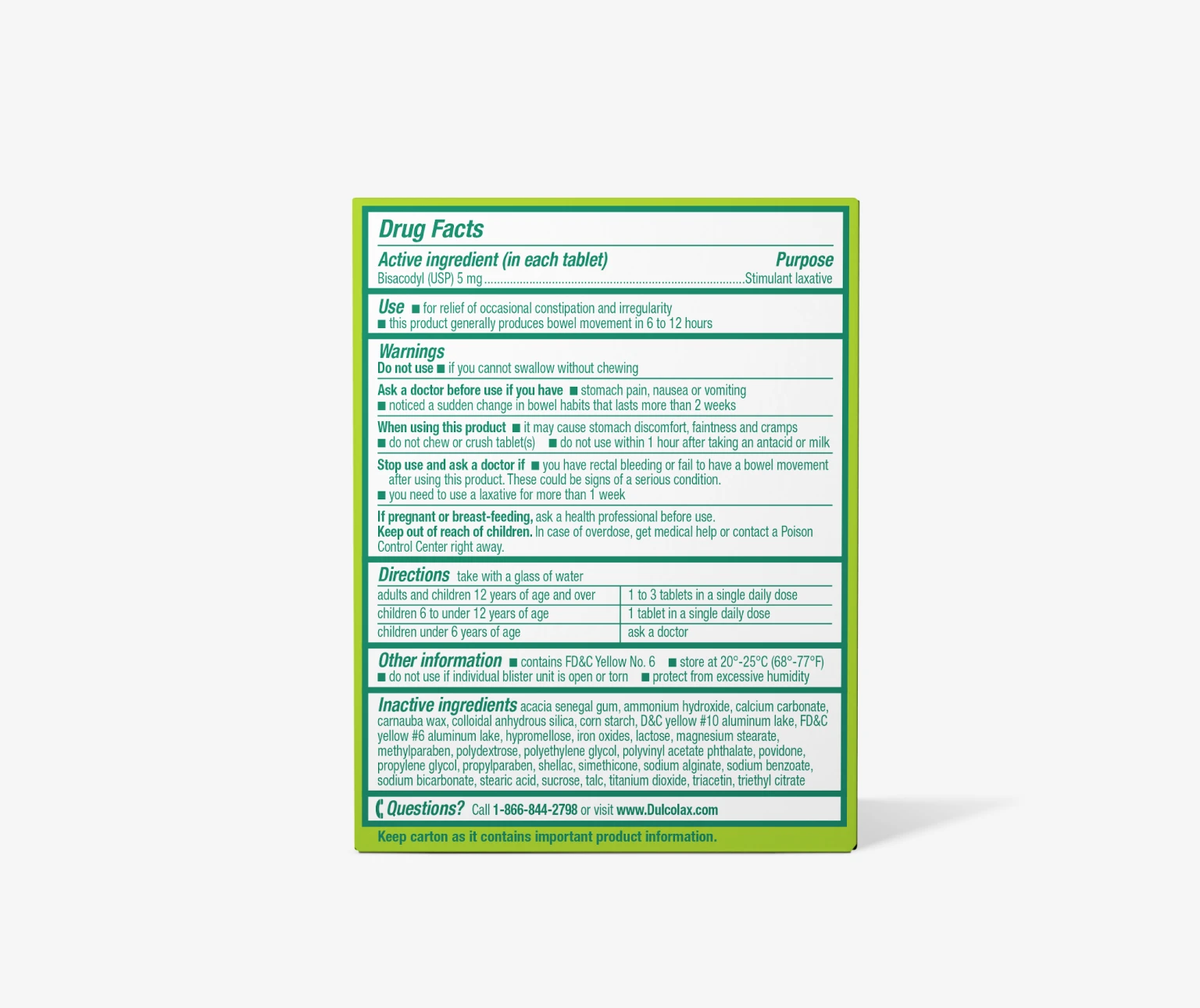 Drug facts label for a stimulant laxative, detailing usage, warnings, directions, and ingredients.